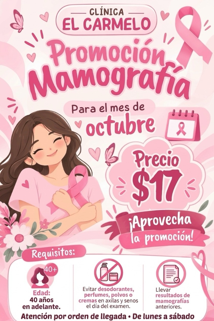 Afiche de la promoción de mamografía de octubre: precio $17, edad 40 años en adelante, atención por orden de llegada de lunes a sábado.